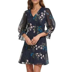 DKNY Navy Blue Babydoll Mini Dress Balloon Sleeves Ruffle Hems Women’s Petite 4P